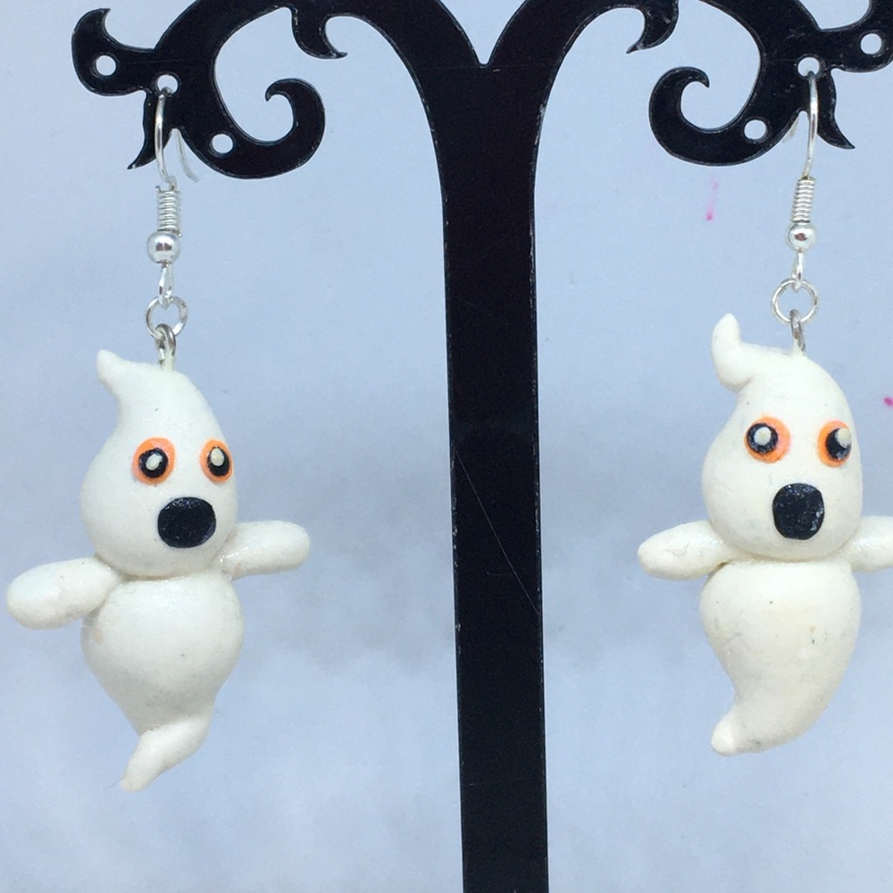 Unique Handmade Clay Halloween Ghost Earrings - Picture 3 of 6